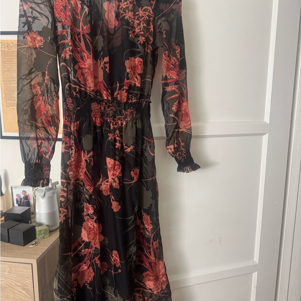 Zara Black Floral Long Sleeve Midi Dress with Red Rose Print